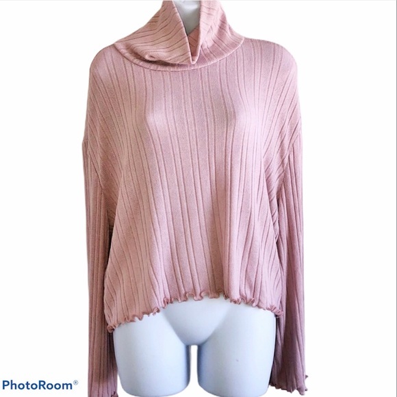 Abound Turtleneck Lettuce Edge Ribbed Sweater Pink Mauve Short Boxy - Picture 1 of 6